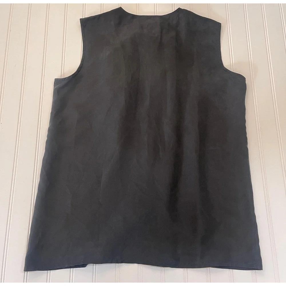 Vintage Rafaella Women 100% Silk Ruffle Front Sleeveless Blouse GrayBlack Size 8